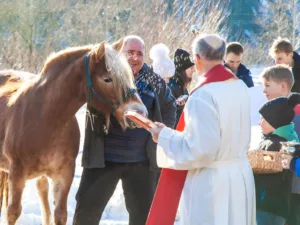 Blagoslov konj v čudovitem zimskem prazničnem dnevu